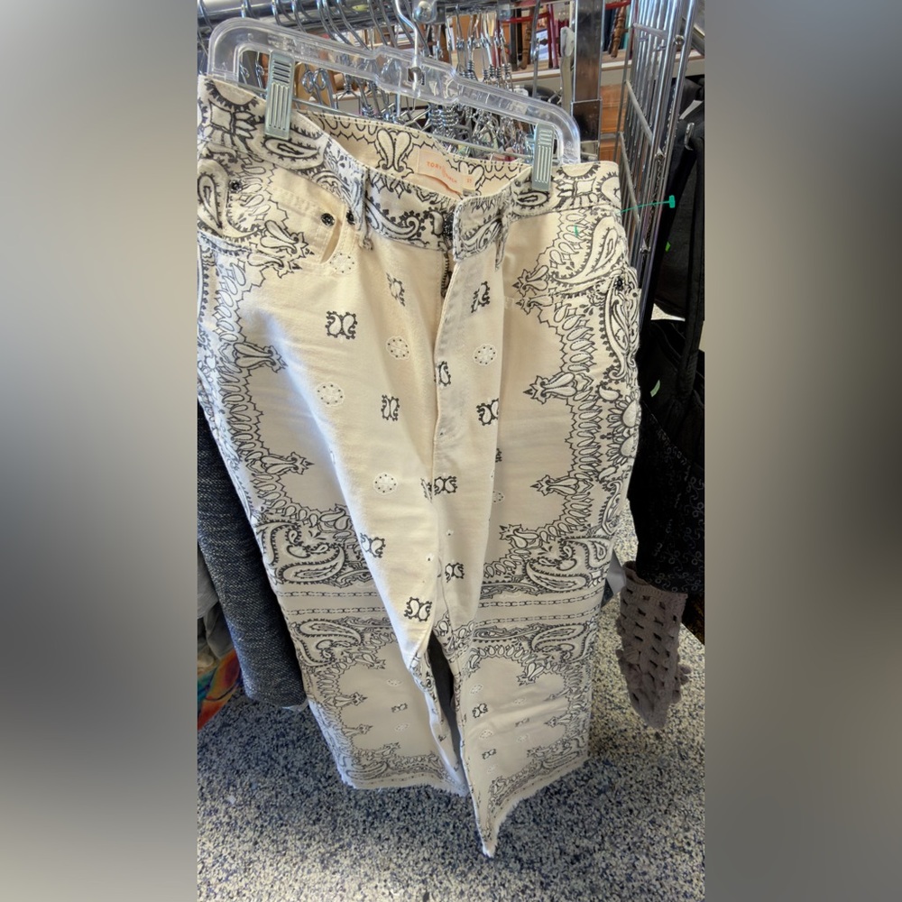 Tory Burch Cream and Black Patterned Boot Cut Jeans